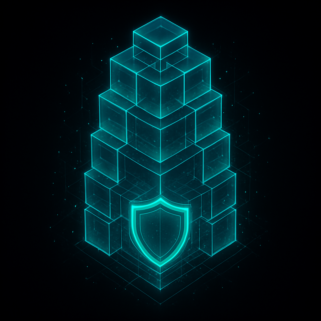 Glowing isometric architecture with a security shield
